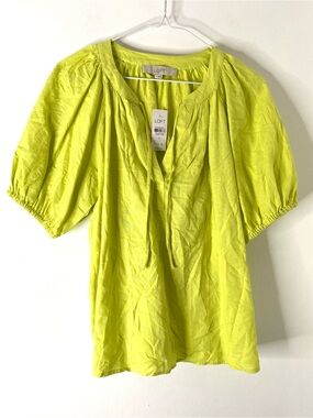 LOFT NWT Lemon Lime Linen Blend Puff Sleeve Top V Neck Drawstring Blouse